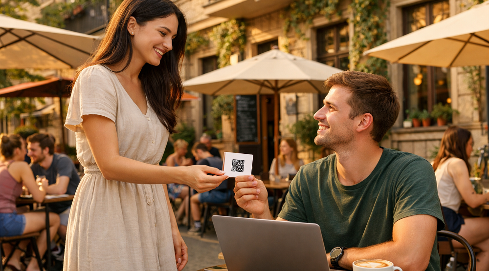 Lächelnde Frau überreicht einem Mann eine Karte mit QR-Code im sonnigen Straßencafé – beide wirken wie bei einem spontanen Kennenlernen.